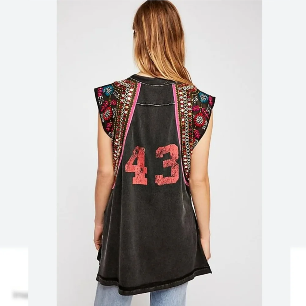 Free People Black Tank Top with Red Accents and Multicolor Embellished Shoulders - Picture 3 of 7